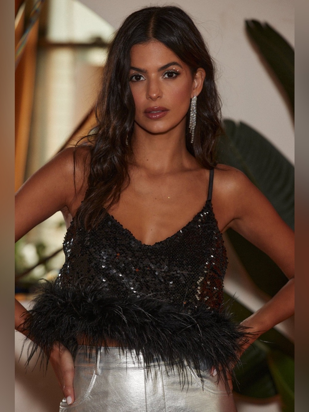 12th Tribe Darling Black Sequin Novelty Crop Top - Size S